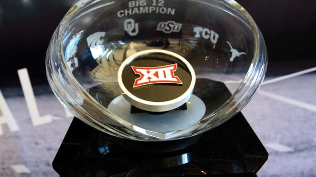 Jul 20, 2015; Dallas, TX, USA; The Big 12 championship trophy on display during the Big 12 Media Days at Omni Dallas. Mandatory Credit: Kevin Jairaj-USA TODAY Sports